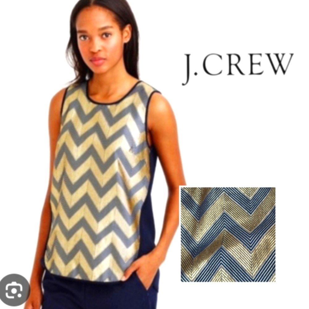 J. Crew Gilded Chevron Metallic Gold and Navy Blue Sleeveless Top